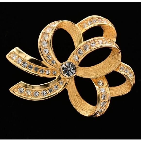 Swarovski Vintage Crystal Bow Pin Brooch Rhinestone Gold Tone Swan Signed BinAT